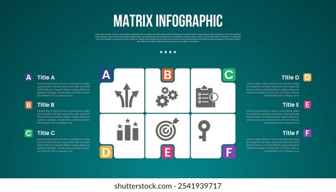 matrix structure dimensions template infographic with round shape structure with 6x6 dimension point with dark style for slide presentation vector