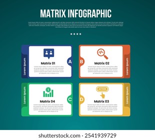 Matrixstruktur Abmessungen Vorlage Infografik mit runder Box mit Linie Container mit 4 Punkt dunklen Stil für Folie Präsentationsvektor