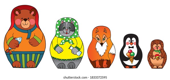 Matroska set with animals. Hedgehog, penguin, fox, cat, bear. Colored vector for card or gift.