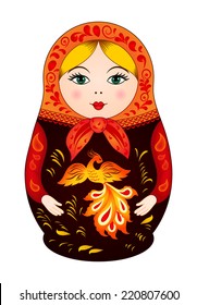 Matryoshka in autumn style with firebird. Russian traditional wooden doll, vector pattern