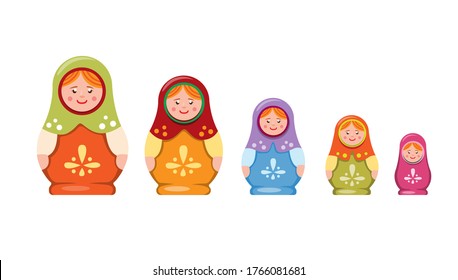 Matryoshka or Babushka nesting doll. handmade toy souvenir traditional from russian collection icon set in flat illustration vector on white background