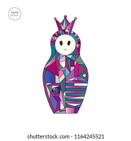 Matryoshka character hand drawn vector illustration. Nesting doll with crown in modern style.