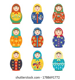 Conjunto pintado de color Matryoshka. Chica tradicional de juguete hecha a mano chica de madera con flores de colores nacionales ornamentos rusos folklore étnico Eslavo símbolo del ciclo de nacimiento. Vector de Hohloma.