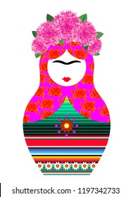 Matryoshka colored with pink flowers, Frida style, vector isolated 