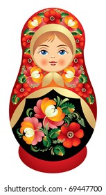 Matryoshka muñeca vestida con un sarafan adorno floral en vectores, muñeca anidada de artesanía folclórica rusa, muñeca Babushka, recuerdo o presente de Rusia