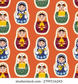 Matryoshka doll in Gzhel style. Vector drawing in the style of Russian folklore