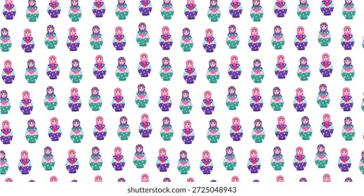 Muñeca Matryoshka con un corazón. Patrón sin fisuras. San Valentín. Juguete retro ruso pintado, matryoshka de madera. Cultura rusa, folclore. Ilustración plana brillante, fondo repetido.