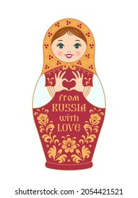 Matryoshka doll makes a heart gesture with her hands. Russian traditional souvenir with the inscription 