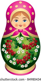 Matryoshka doll with red berries in vector, Russian nested doll,  Babushka doll, Russian Souvenir, present, dressed in a sarafan,  fairy tale