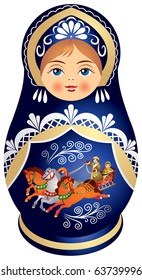 Matryoshka doll with Russian Troika, Russia, nested doll,  Babushka doll,  Souvenir, present, three horses pulling a sleigh, jingle bell, winter, New Year, Christmas, Christmas Eve, vector image