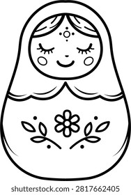 Matryoshka Doll Vector Icon: A minimalist black line illustration on a white background representing a traditional Russian nesting doll with floral patterns, hand-drawn outline style, scalable.