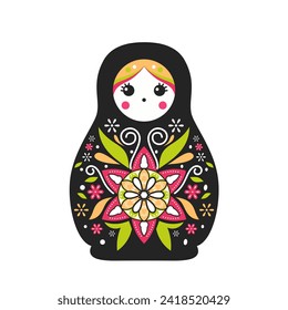 Matryoshka muñeca con vestido floral negro con decoración floral, muñeca de anidación de artesanía folclórica rusa, muñeca Babushka, muñecas rusas