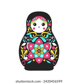 Matryoshka-Puppe mit schwarzblorschwarzem Kleid mit Blumendekoration, russische Volksküstenpuppe, Babushka-Puppe, russische Puppen