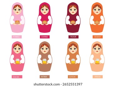 Bonecas Matryoshka em vestidos cor do ano 2025. Coleção na moda Candy Pink Palette amostras de cores com códigos de cor. Brilhante, na moda. Publicidade. Vetor. 