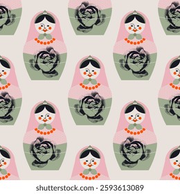 Matryoshka dolls. Symbol of Russian culture and traditional art. Vector seamless pattern, background, wallpaper, wrapping paper, fabric, print, design element