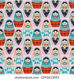 Matryoshka dolls. Symbol of Russian culture and traditional art. Vector seamless pattern, background, wallpaper, wrapping paper, fabric, print, design element