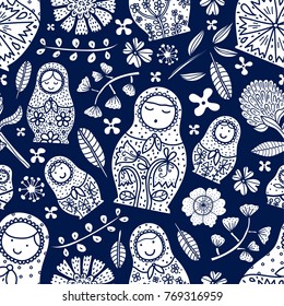 Matryoshka and flowers. Cute babushka.Seamless pattern can be used for wallpaper, pattern fills, web page background, surface textures.