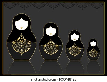 Matryoshka gold set icon Luxury Russian nesting doll with golden ornament, vector illustration, isolated or black background. Luxury Template for greeting card, invitation, bookmark and label concept