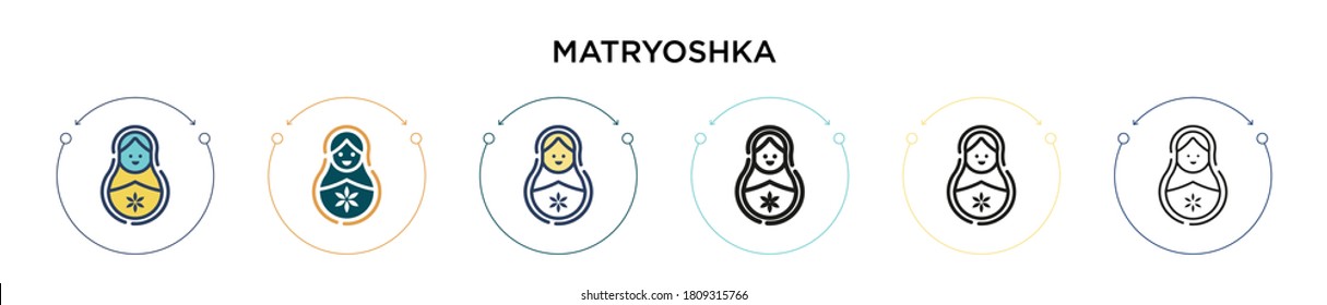 Icono de Matryoshka en estilo relleno, delgado, contorno y trazo. Ilustración vectorial de dos diseños de vectores de matryoshka de color y negro se pueden utilizar para móviles, ui, web
