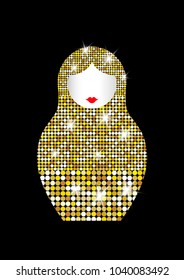 Matryoshka icon Russian nesting doll with luxury golden ornament, Fashion gold shiny mosaic pattern, vector illustration, isolated or black background