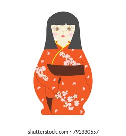 Matryoshka in kimono on white isolated background. Chinese, Japanese girl. Vector illustration.
