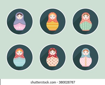 Matryoshka nesting Russian dolls set of six icons -  flat style vector illustration