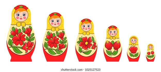 Matryoshka polhov-maidanskaya family set with flat isolated images of nesting dolls set with traditional coloring vector illustration