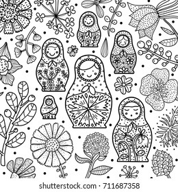 Matryoshka and polka dot. Cute babushka. Coloring page.