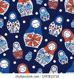 Matryoshka and polka dot. Seamless pattern. Cute babushka.