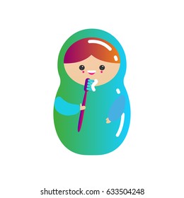 Matryoshka Russian doll brushing her teeth. For dentistry, your business project. Vector illustration.