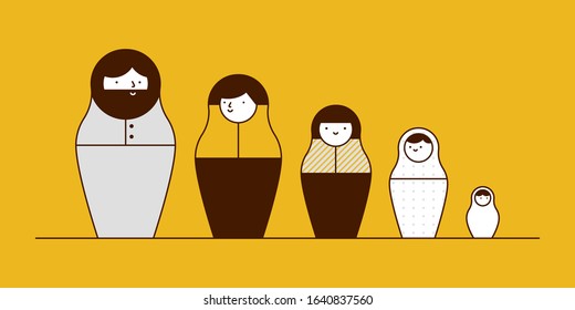 Matryoshka. Russian Doll Colorful Icons Set With Family