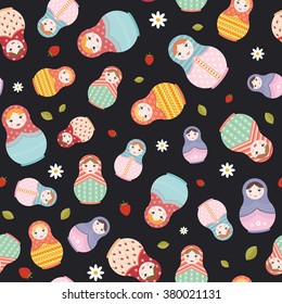 Matryoshka Russian doll seamless repeating pattern on black background - vector illustration