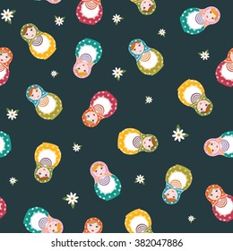 Matryoshka Russian doll seamless repeating pattern on dark background - vector illustration