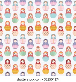 Matryoshka Russian doll seamless repeating pattern on white background - flat stule vector illustration