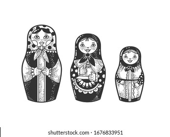 Matryoshka Russian doll sketch engraving vector illustration. T-shirt apparel print design. Scratch board imitation. Black and white hand drawn image.