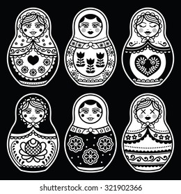 Matryoshka, Russian doll white icons set on black