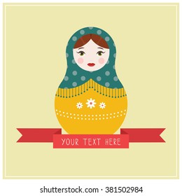 Matryoshka Russian nesting doll single icon illustration - flat style vector card with text space 