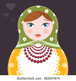 Matryoshka Russian nesting doll single icon illustration - flat style vector card on dark background