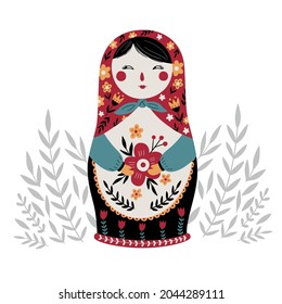 Matryoshka Russian Nesting Doll. Traditional Russian Culture. Folk toy. Babushka doll. Hand drawn vector illustration. 