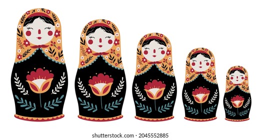 Matryoshka Russian Nesting Doll. Traditional Russian Culture. Folk toy. Babushka doll. Hand drawn vector illustration. 