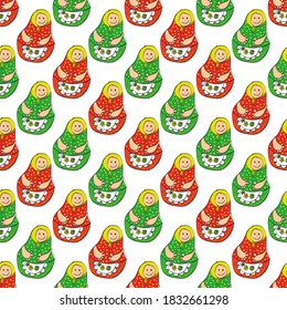 Matryoshka. Russian Soviet doll. seamless pattern in Slavic fairy-tale style. vector illustration