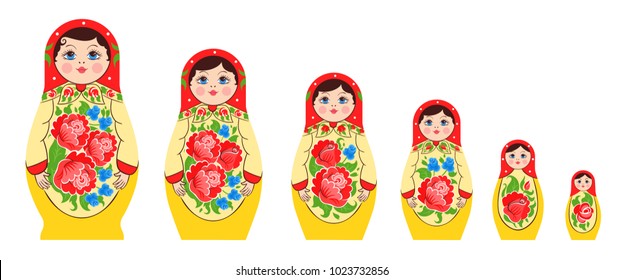 Matryoshka semyonovskaya family set of nesting dolls flat isolated images of different size with identical colouring vector illustration