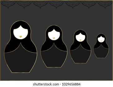 Matryoshka set icon Russian nesting doll with luxury golden ornament, vector illustration, isolated or black background