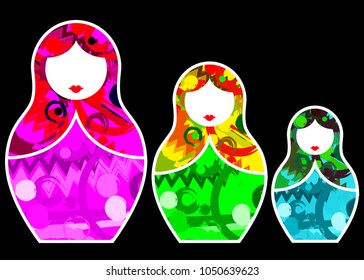 Matryoshka set stickers icon Russian nesting doll with abstract colorful ornament, vector illustration isolated or  black background