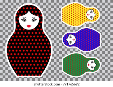 Matryoshka set stickers icon Russian nesting doll with ornament colorful, vector illustration isolated , decorated polka dots