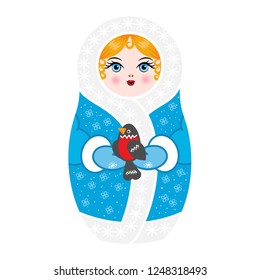 matryoshka snow maiden in blue clothes in mittens with a bullfinch in their hands