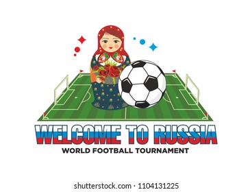 Matryoshka with soccer ball stands on football field. Vector