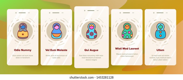 Matryoshka Toy Vector Onboarding Mobile App Page Screen. Matryoshka, Traditional Russian Decorative Souvenir Linear Pictograms. Matrioshka, Handcrafted Wooden Dolls in Ethnic Costumes