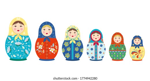 Matryoshka con tracería. Chica de madera de juguete ruso de color tradicional con adornos de flores coloridos folklore símbolo eslavo del ciclo de nacimiento. Vector folk.