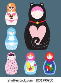 Matryoshka vector traditional russian nesting doll toy with handmade ornament figure pattern with child face and babushka woman souvenir illustration.